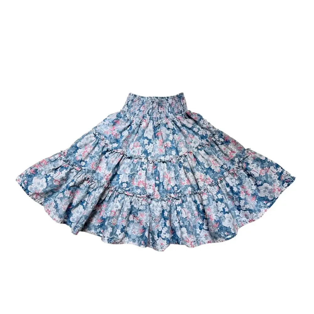 Ralph Lauren Girls Skirt 2T Blue Floral Tiered Smocked Cotton Boho Logo